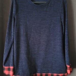 Navy Blue Sweater with Red Plaid Trim